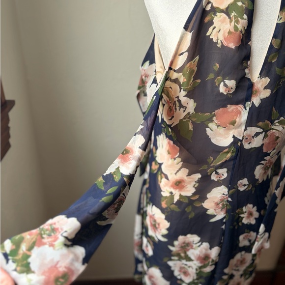Maurices Floral Cold Shoulder Halter Dress Navy/Pink Tie Sleeve Size M - Picture 10 of 13
